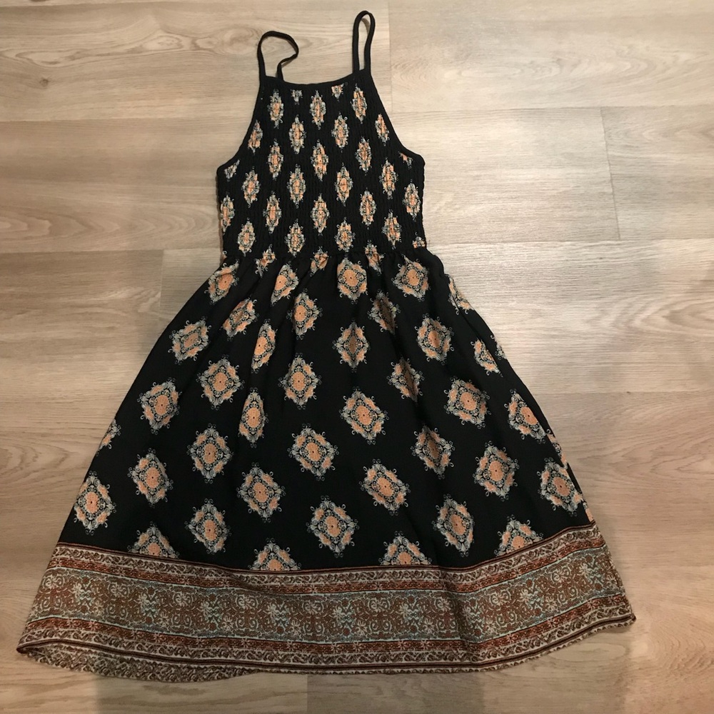 Boho print black dress with pockets